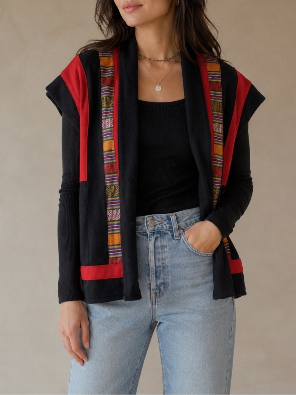Vintage The Daily Planet Wool Vest Jacket Black Red Nepal Sz M Boho Ethnic Trim